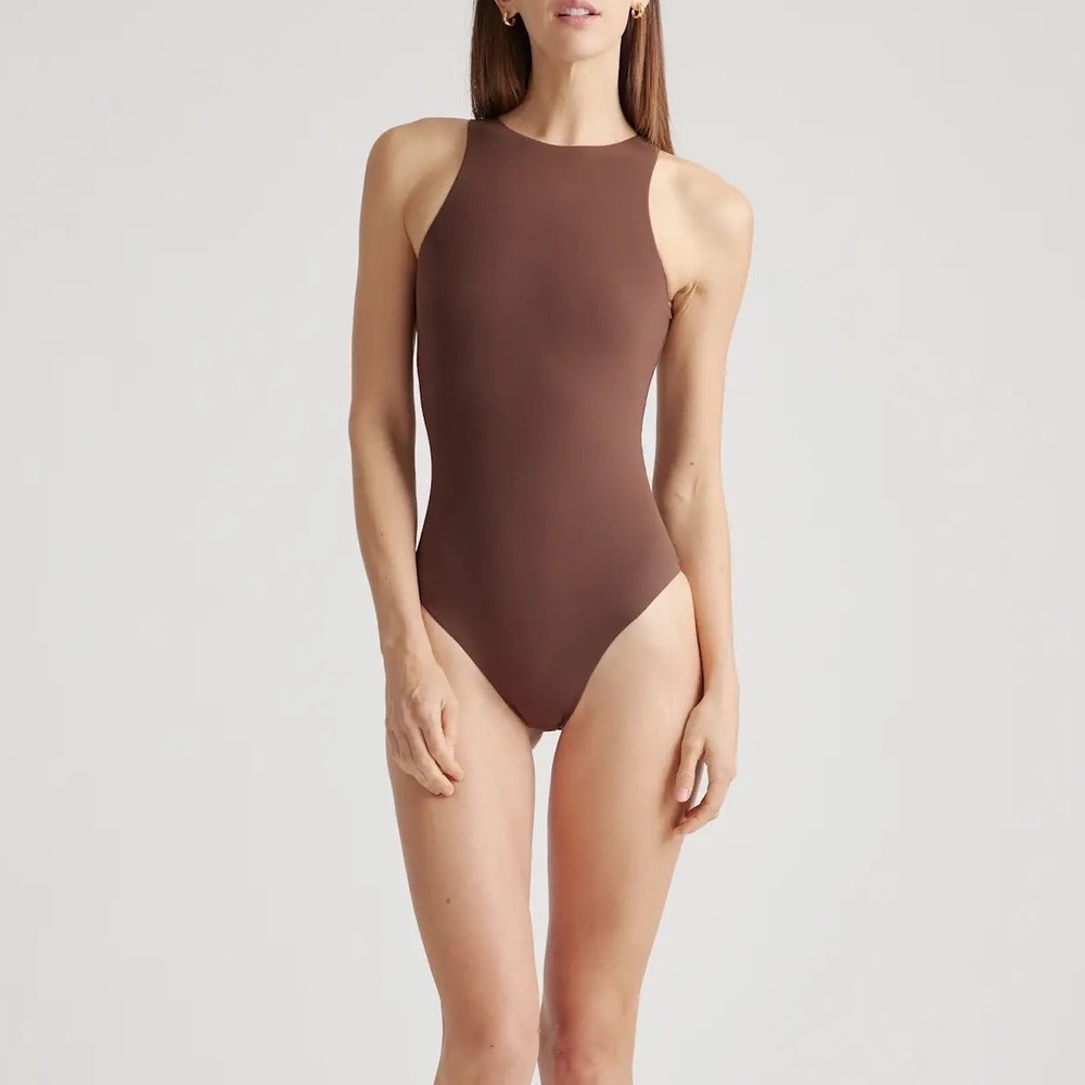 Quince Second Skin High Neck Bodysuit‎ Brown Sleeveless Thong Medium